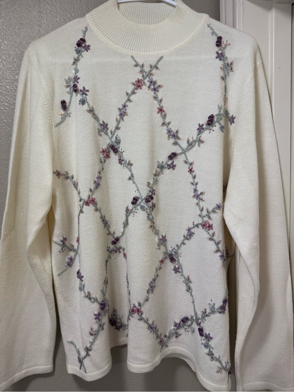 Alfred Dunner Cream Floral Embroidered Turtleneck Sweater
